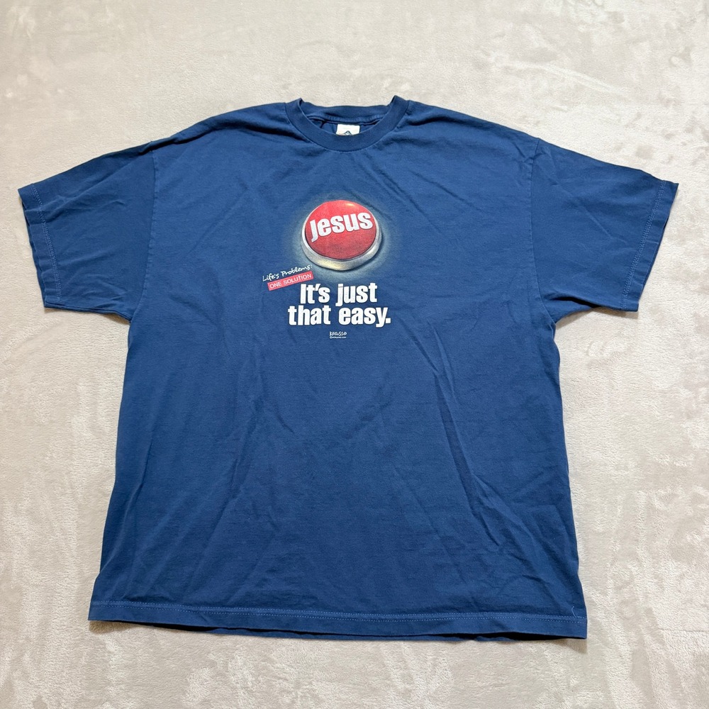 VTG AAA Kerusso Jesus Easy Button Parody TShirt Men 2XL Blue Christian Faith Y2K